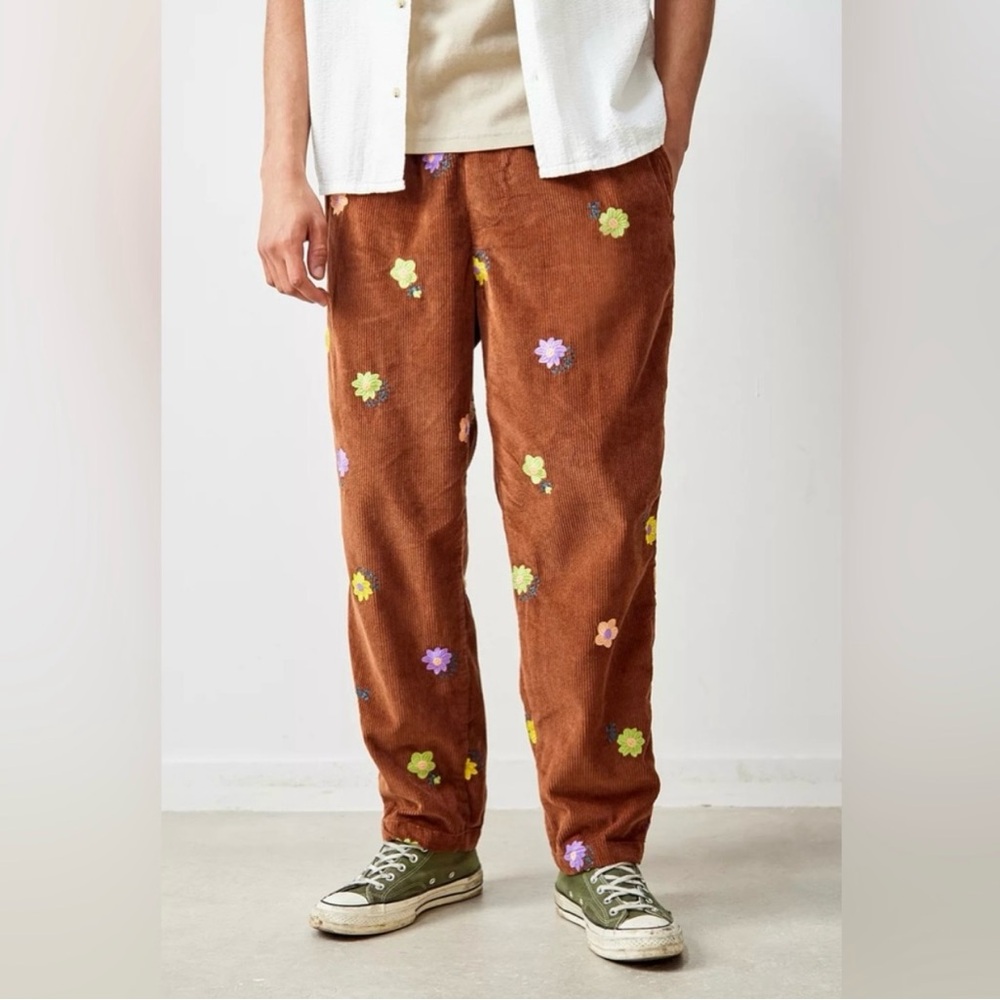 Urban Outfitters Brown Corduroy Pants with Multi-Color Flower Embroidery